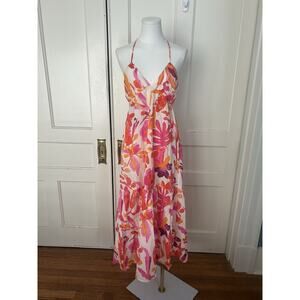 Zara Watercolor Bright Halter Maxi Dress Womens Size Med Pink Orange Beach NWOT